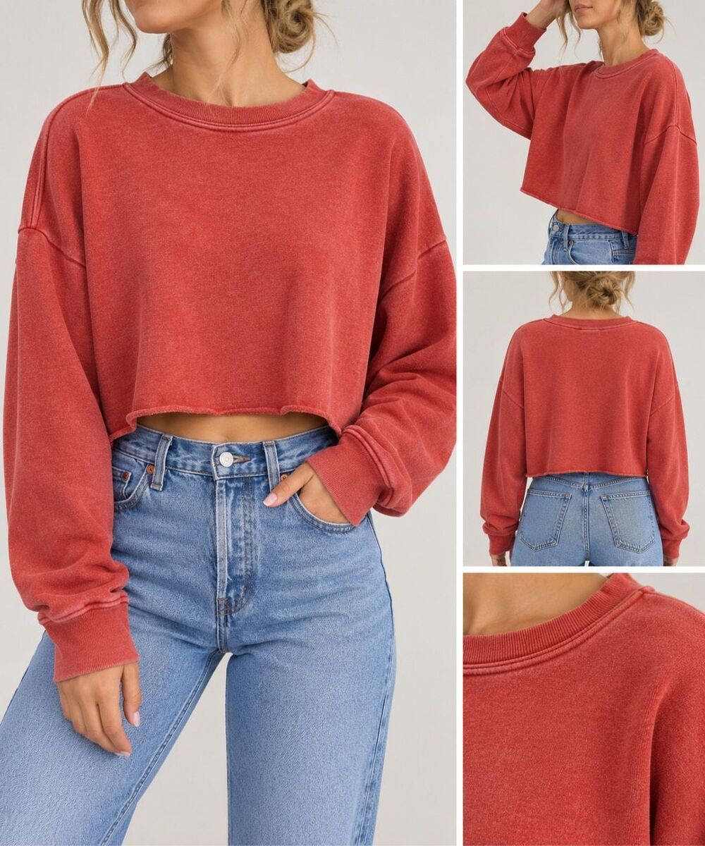 BDG Cropped Sweatshirt Medium Coral Red Raw Hem Oversized Pullover